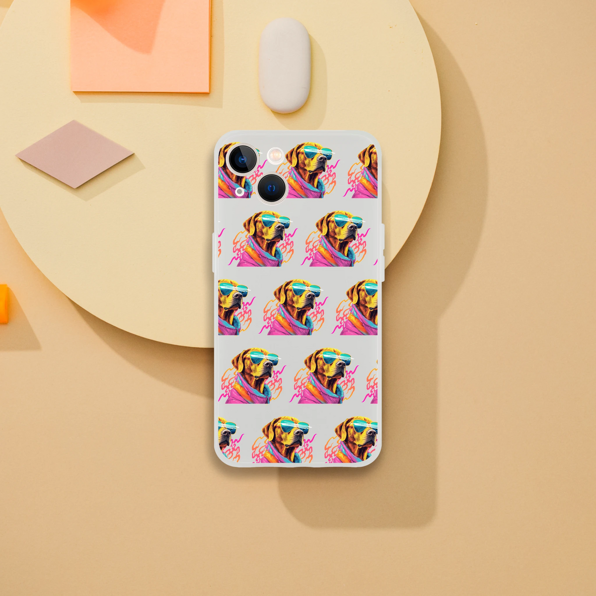 Transparent protective case for iPhone 13-16 featuring a repeating colorful dog wearing sunglasses pattern.