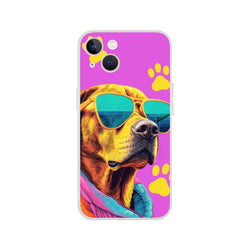 Trendy Dog iPhone Case (13-16): colorful dog with sunglasses on purple background and yellow paw prints.