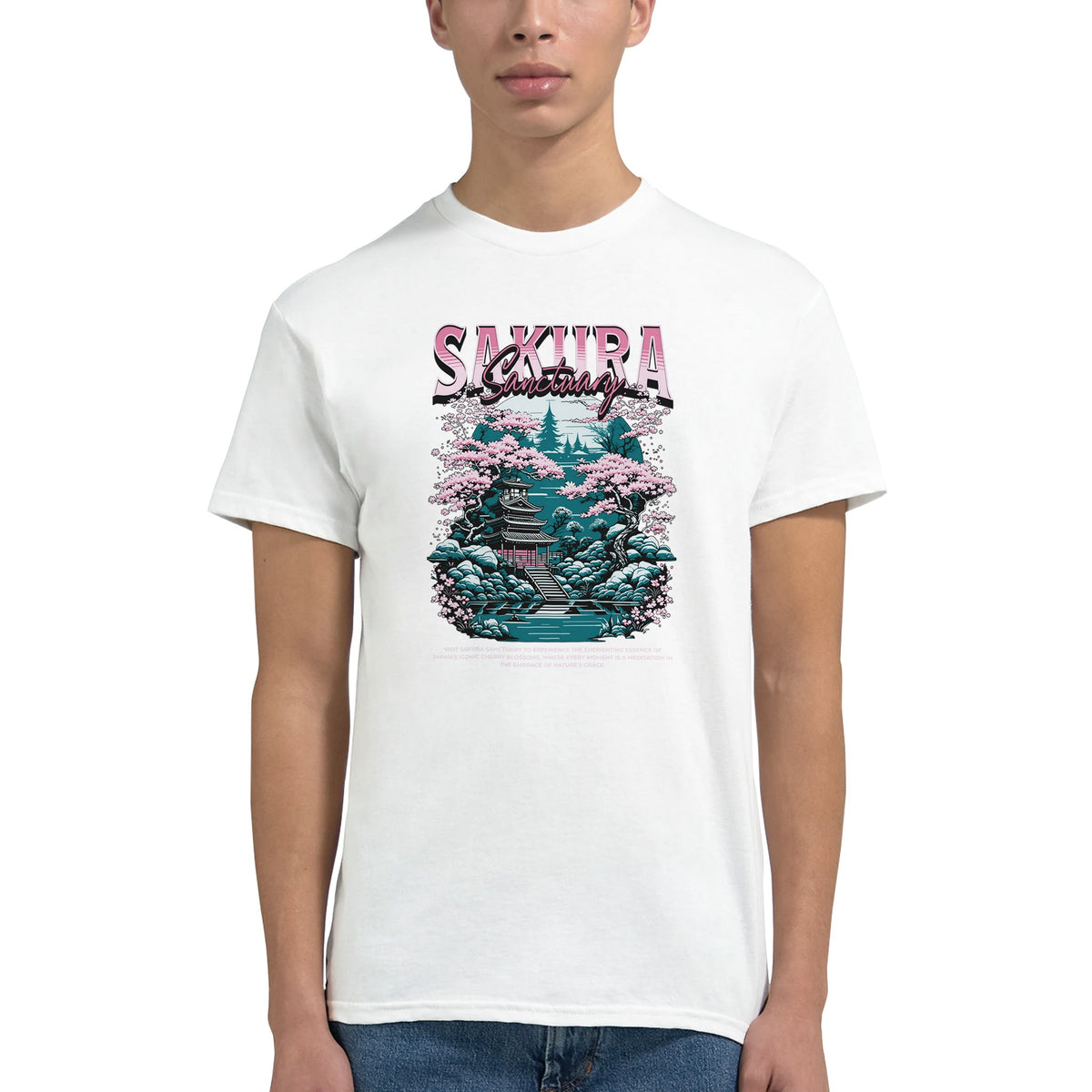 Japanese Sakura men's graphic T-shirt in white with pink cherry blossoms and temple scene on a cotton blend.
