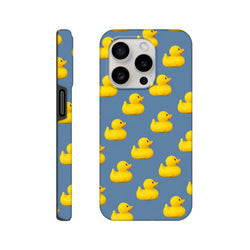 Blue kawaii iPhone case featuring a cute yellow rubber duck pattern. Tough phone cover for bold streetwear style.