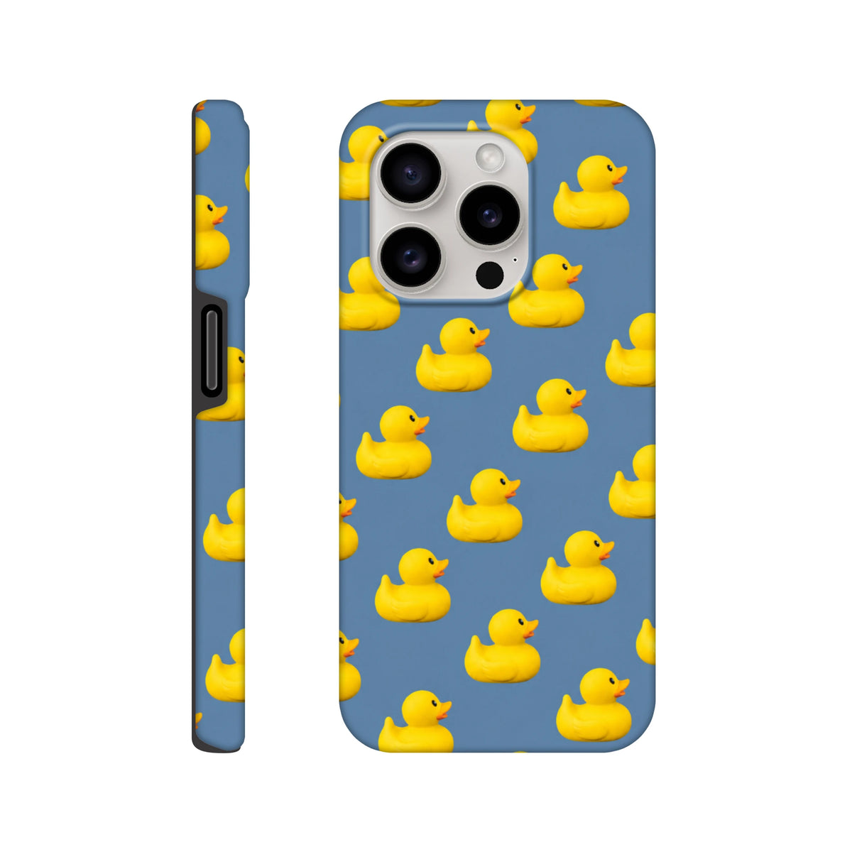 Blue kawaii iPhone case featuring a cute yellow rubber duck pattern. Tough phone cover for bold streetwear style.