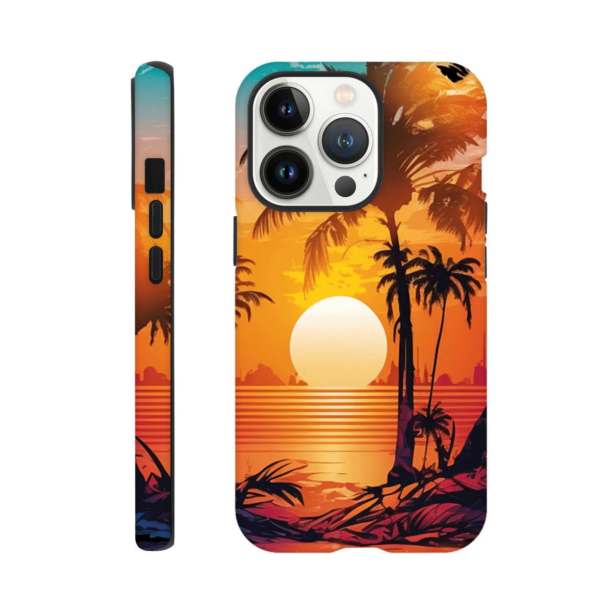 Retro tropical sunset iPhone case featuring palm tree silhouettes over an orange ocean horizon for a beach vibes look.