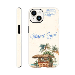 Island Beach Bar iPhone Case featuring watercolor tiki hut, palm trees, and Island Livin text on a textured cream background.