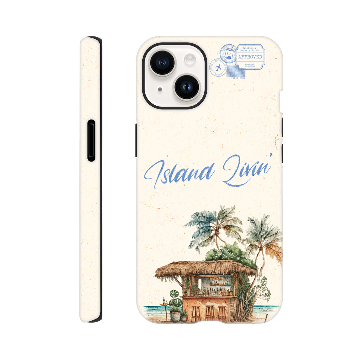 Island Beach Bar iPhone Case featuring watercolor tiki hut, palm trees, and Island Livin text on a textured cream background.