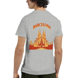 Barcelona Sagrada Familia graphic tee on a grey shirt, back view.