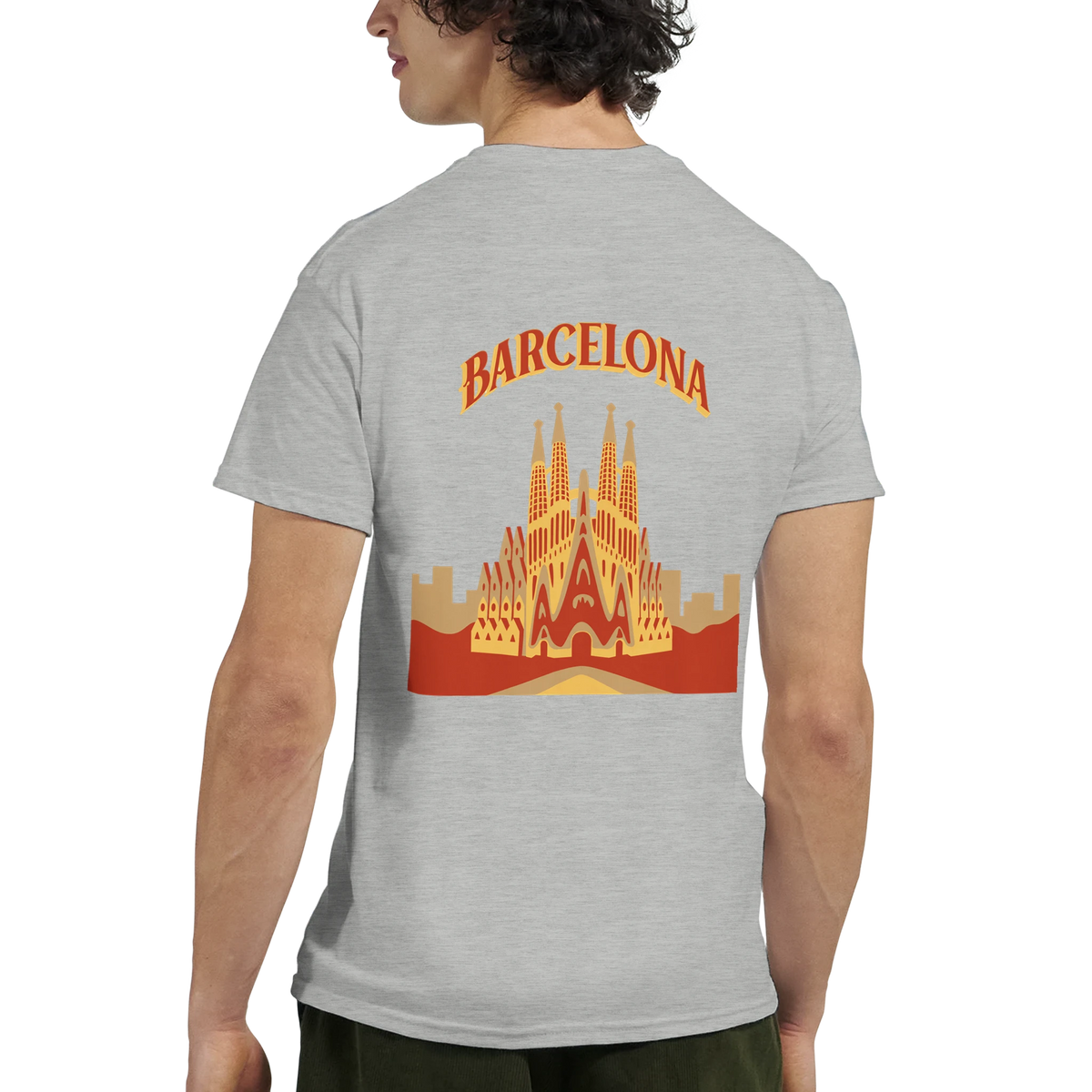 Barcelona Sagrada Familia graphic tee on a grey shirt, back view.