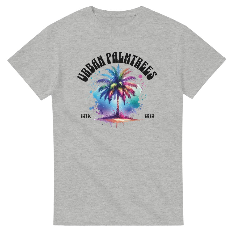 Gray cotton-blend T-shirt featuring a colorful palm tree graphic and curved "Urban Palmtrees" text.