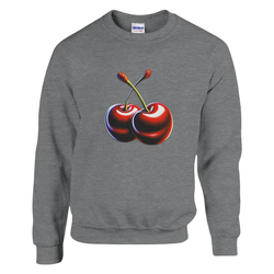 Cherries Jumper women's graphic sweatshirt in soft 50/50 cotton-poly blend with cherry print.