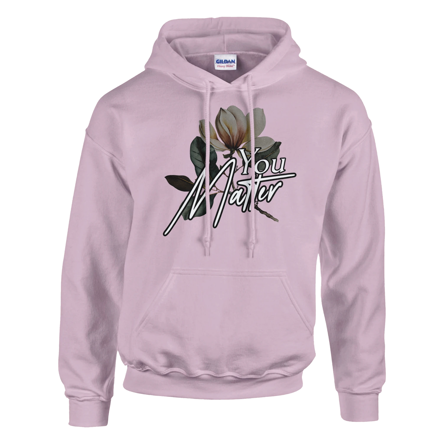 Lavender You Matter slogan hoodie with a floral motif and front pouch pocket.