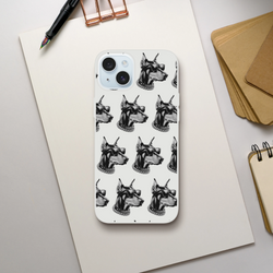 Clear iPhone case with repeating black-and-white gangster dog heads wearing sunglasses and chains.