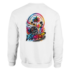 White sweatshirt back featuring colorful "Urban Palm Trees" and "Fitment" modified car graphic with sunset and tire tracks.