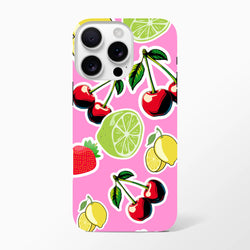 Pink iPhone case featuring a bold cherry, lime, lemon, and strawberry sticker effect design on a vibrant background.
