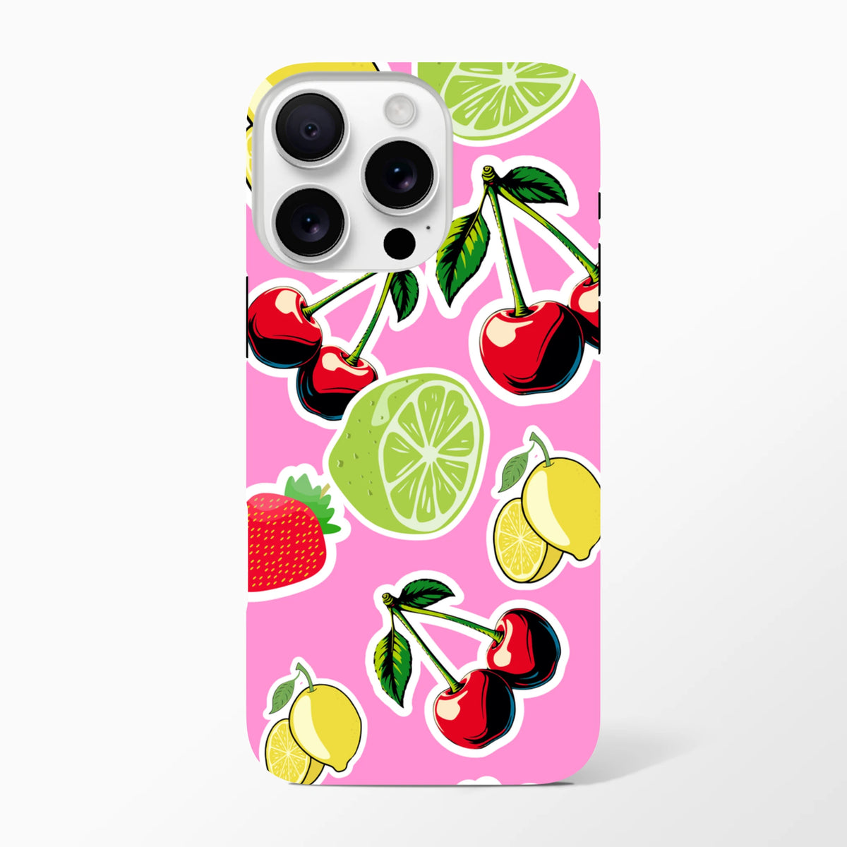 Pink iPhone case featuring a bold cherry, lime, lemon, and strawberry sticker effect design on a vibrant background.