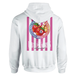 White hoodie back with retro pink and white striped fruit print featuring red apples and Manchester text.