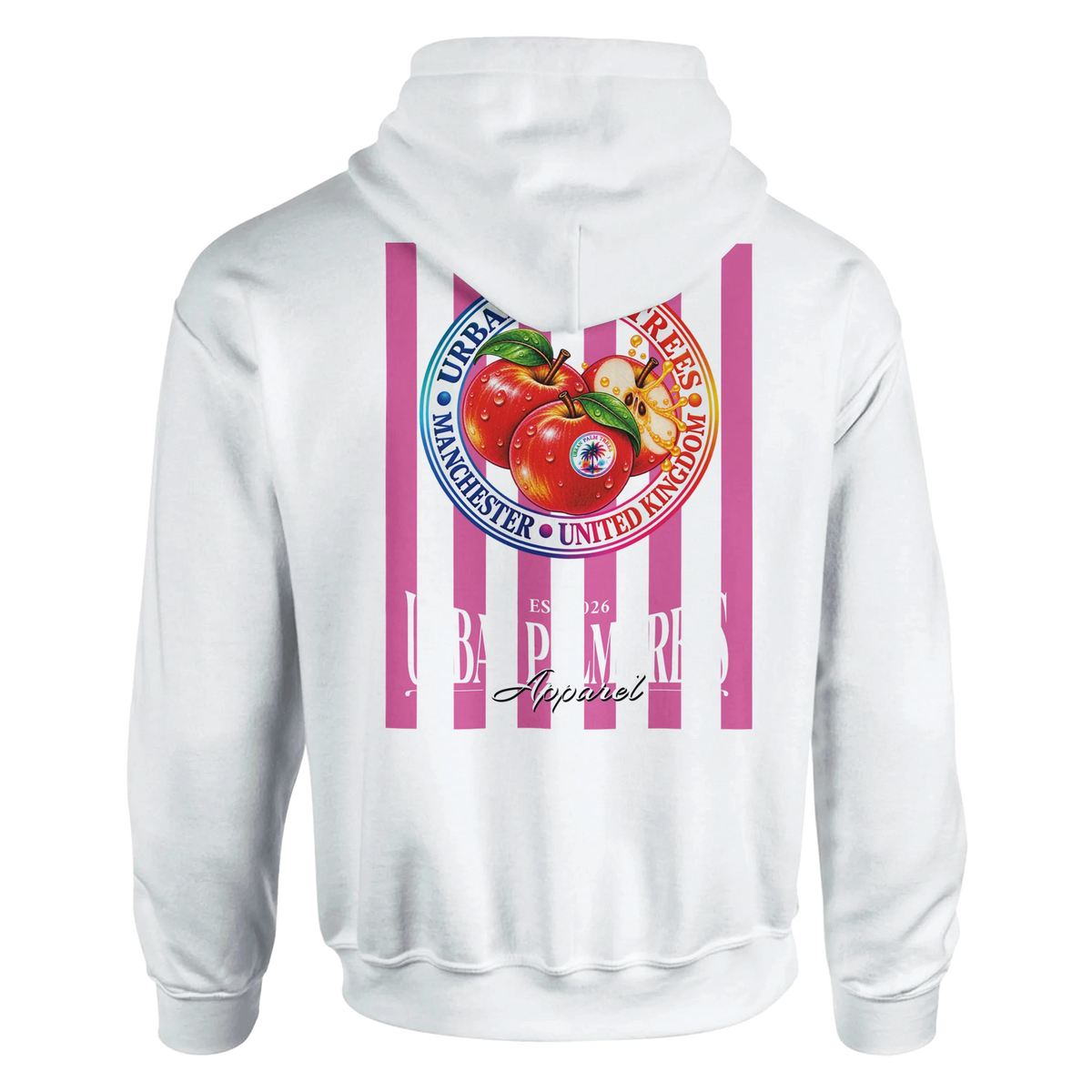 White hoodie back with retro pink and white striped fruit print featuring red apples and Manchester text.