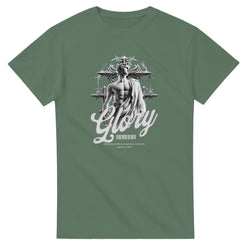 Gothic Glory men's graphic T-shirt in grey-green with muscular statue, ornate cross backdrop, and Glory script.
