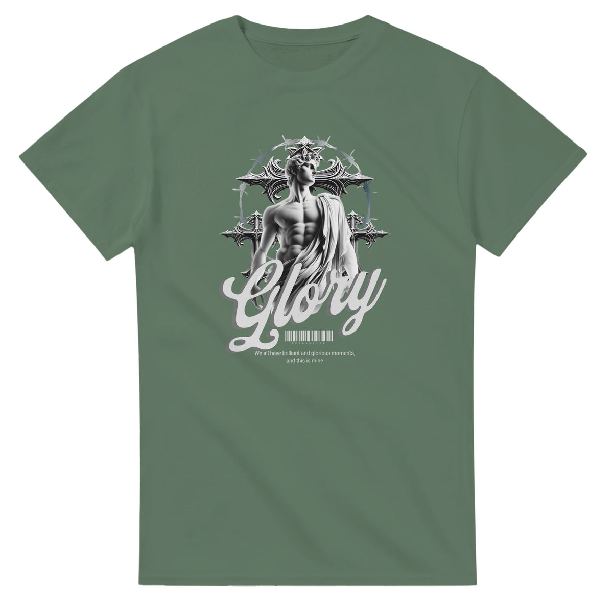 Gothic Glory men's graphic T-shirt in grey-green with muscular statue, ornate cross backdrop, and Glory script.