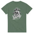 Gothic Glory men's graphic T-shirt in grey-green with muscular statue, ornate cross backdrop, and Glory script.