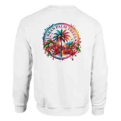 White sweatshirt back print featuring a tropical retro design with colorful palm trees, red cherries, and flowers surrounded by paint splatters.