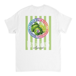 White women's t-shirt back featuring retro lime graphic with striped fruit artwork and circular badge design. Vintage-inspired graphic tee.