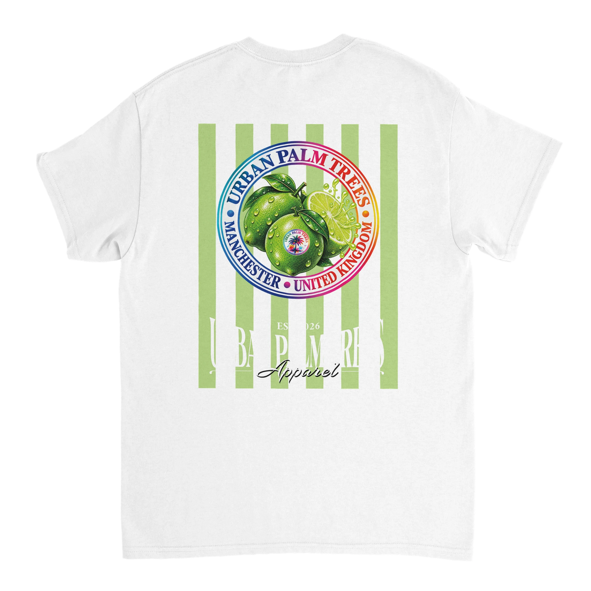 White women's t-shirt back featuring retro lime graphic with striped fruit artwork and circular badge design. Vintage-inspired graphic tee.
