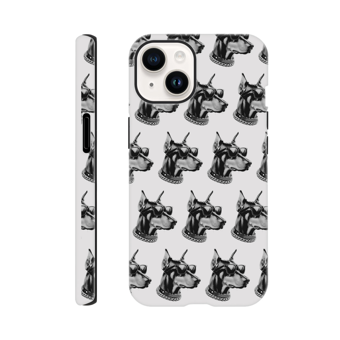 Gangster dog pattern protective phone case for iPhone 16/15/14/13 with wraparound print.