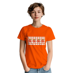 Woman wearing an orange graphic tee featuring peaches on a gingham patch.