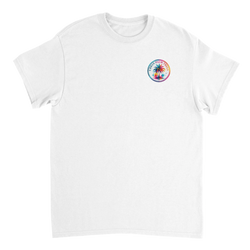 White t-shirt featuring a colorful circular Urban Palm Trees logo on the chest with a watercolor palm tree design.