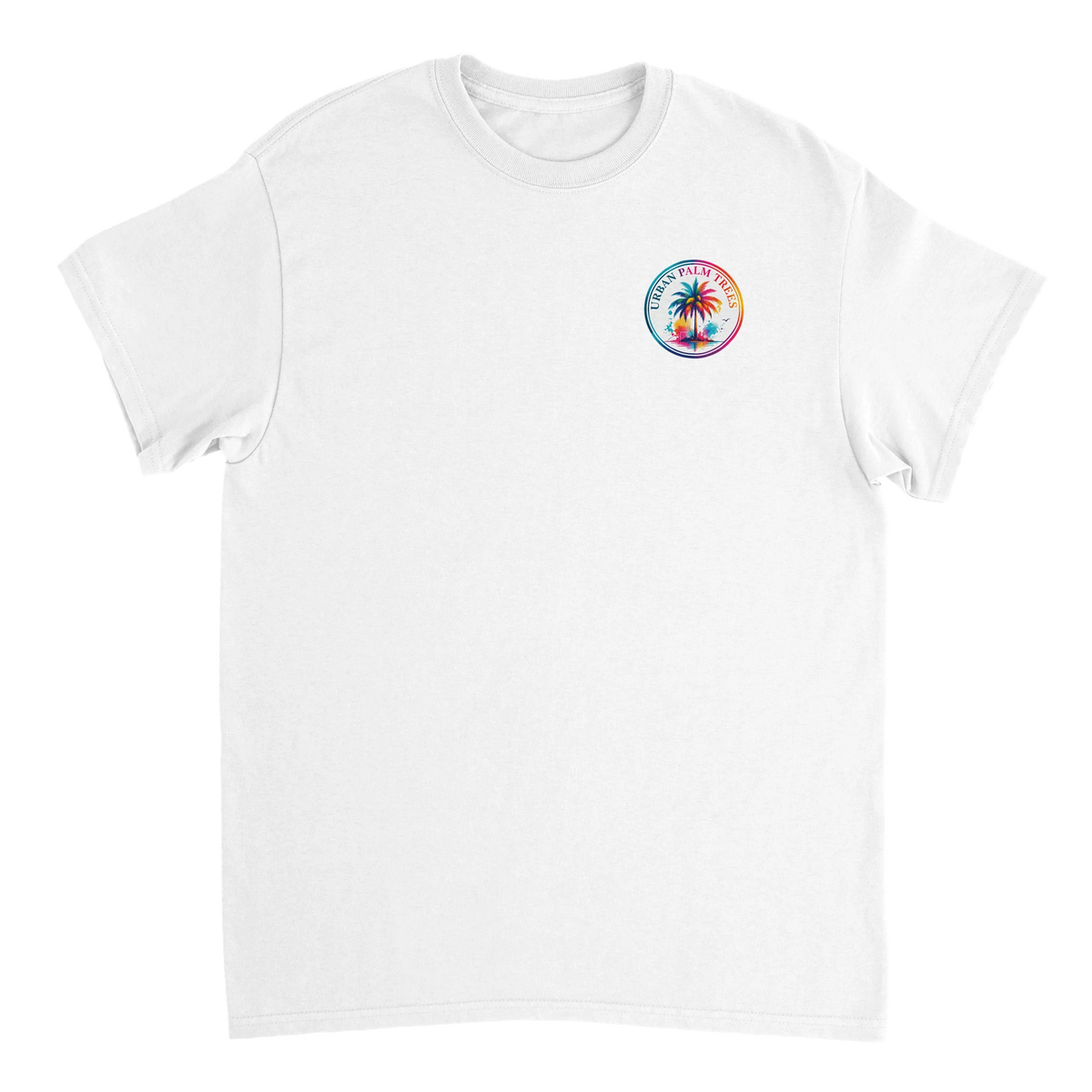 White t-shirt featuring a colorful circular Urban Palm Trees logo on the chest with a watercolor palm tree design.