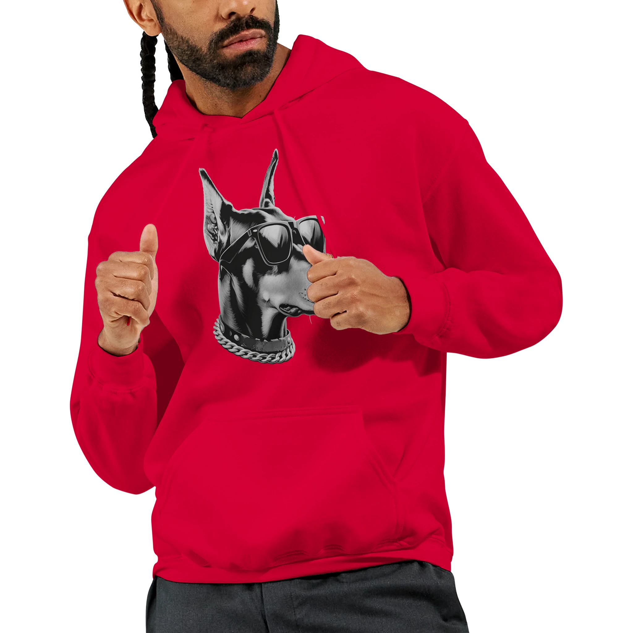 Red soft cotton blend Gangster Dog hoodie with front pocket, bulldog graphic wearing sunglasses and chain.