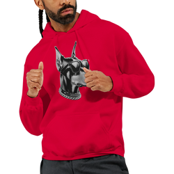 Red soft cotton blend Gangster Dog hoodie with front pocket, bulldog graphic wearing sunglasses and chain.