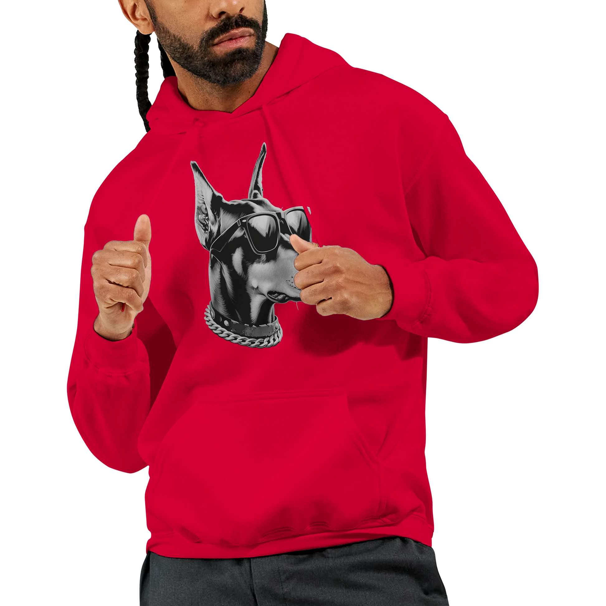 Red soft cotton blend Gangster Dog hoodie with front pocket, bulldog graphic wearing sunglasses and chain.