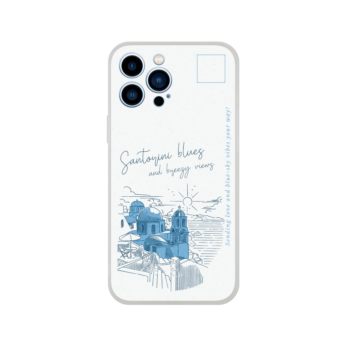 Vintage postcard iPhone case featuring Santorini blue-domed skyline illustration.