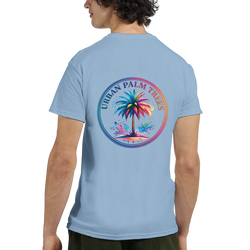 Light blue vintage palm tree graphic tee for men with a circular tropical design on the back.