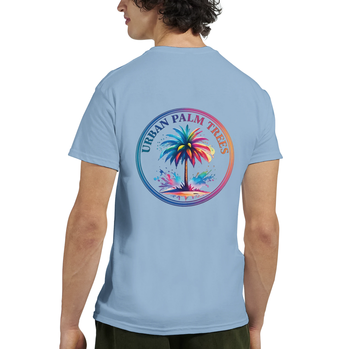 Light blue vintage palm tree graphic tee for men with a circular tropical design on the back.