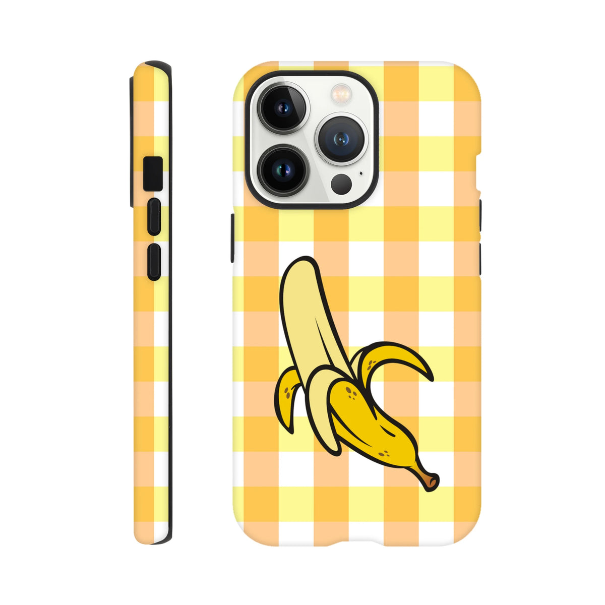 Yellow gingham iPhone case featuring a cartoon peeled banana, offering tough protection with a checkered street vibe.