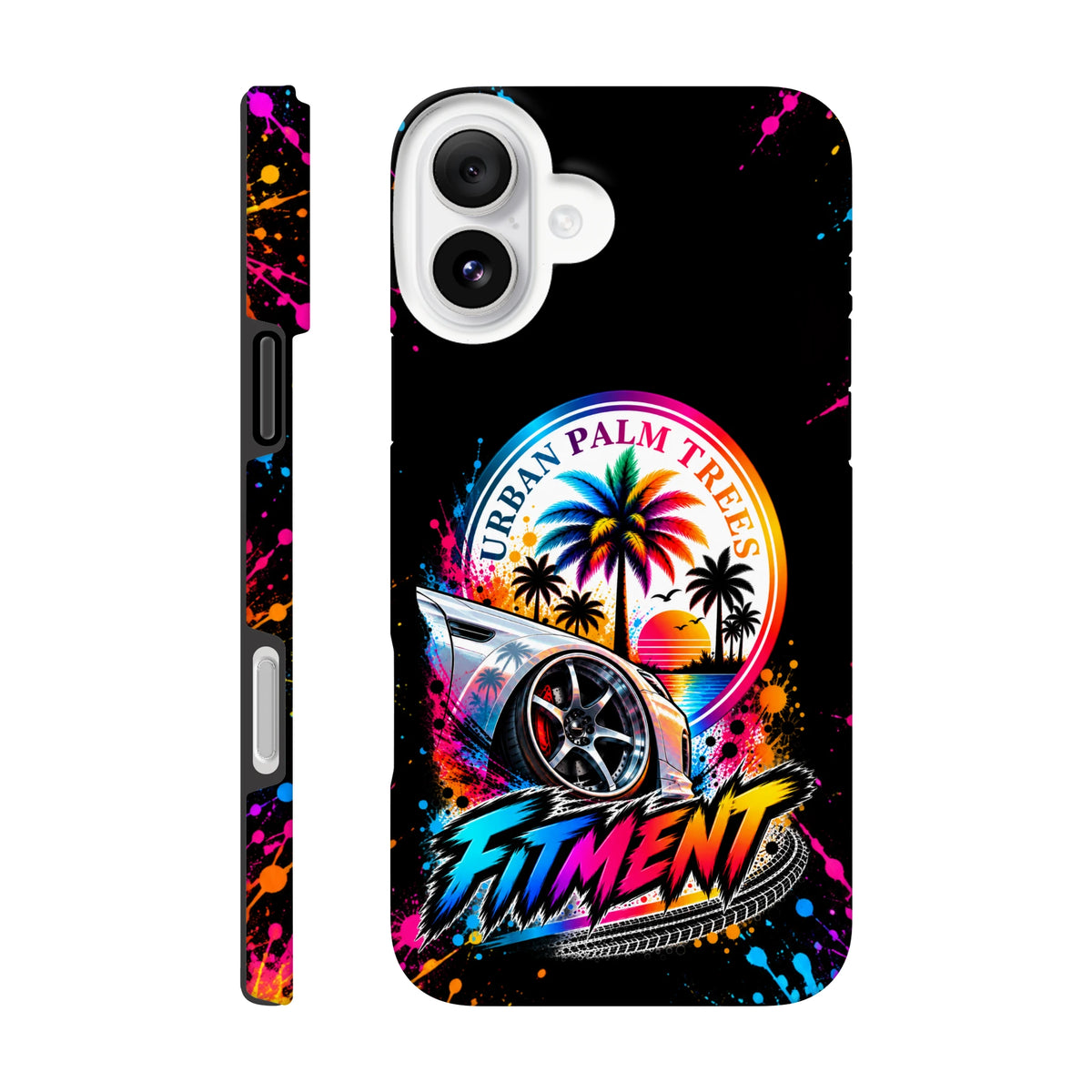 Tough iPhone case with colorful modified car, palm trees, sunset, and "Fitment" graffiti text on black splatter background.