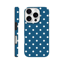 Navy blue phone case with white polka dots featuring a glossy finish, tough dual-layer protection, and precise cutouts for iPhone 13-16 models.