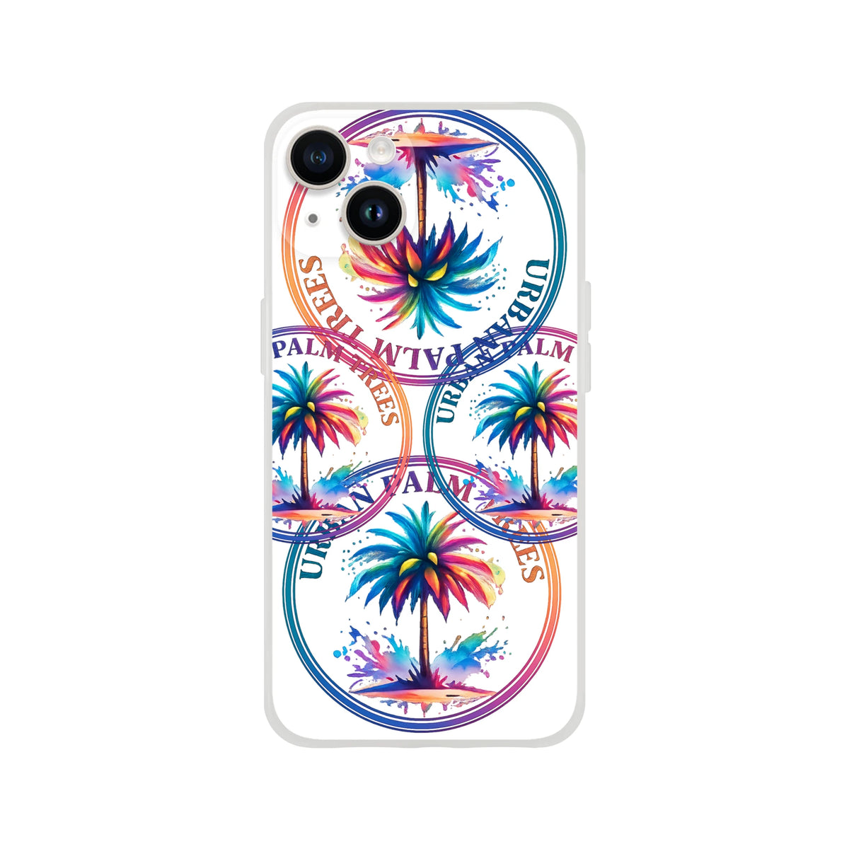 Urban Palm Trees iPhone Case (13-16) with retro palm design and colorful circular rings.