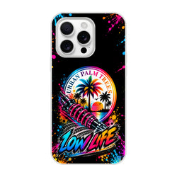 Low Life iPhone case featuring pink shock absorber, palm trees, and colorful paint splatters on a black background.
