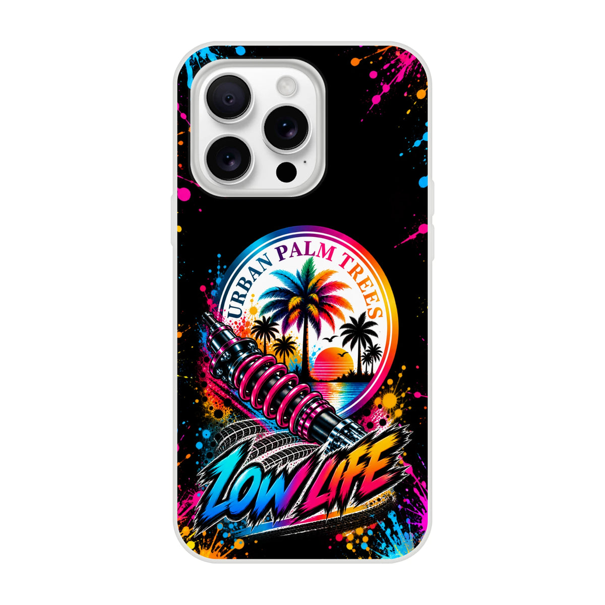Low Life iPhone case featuring pink shock absorber, palm trees, and colorful paint splatters on a black background.