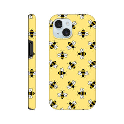 Yellow iPhone tough case featuring a cute repeating bumblebee pattern with white wings and black stripes on a bright yellow background.