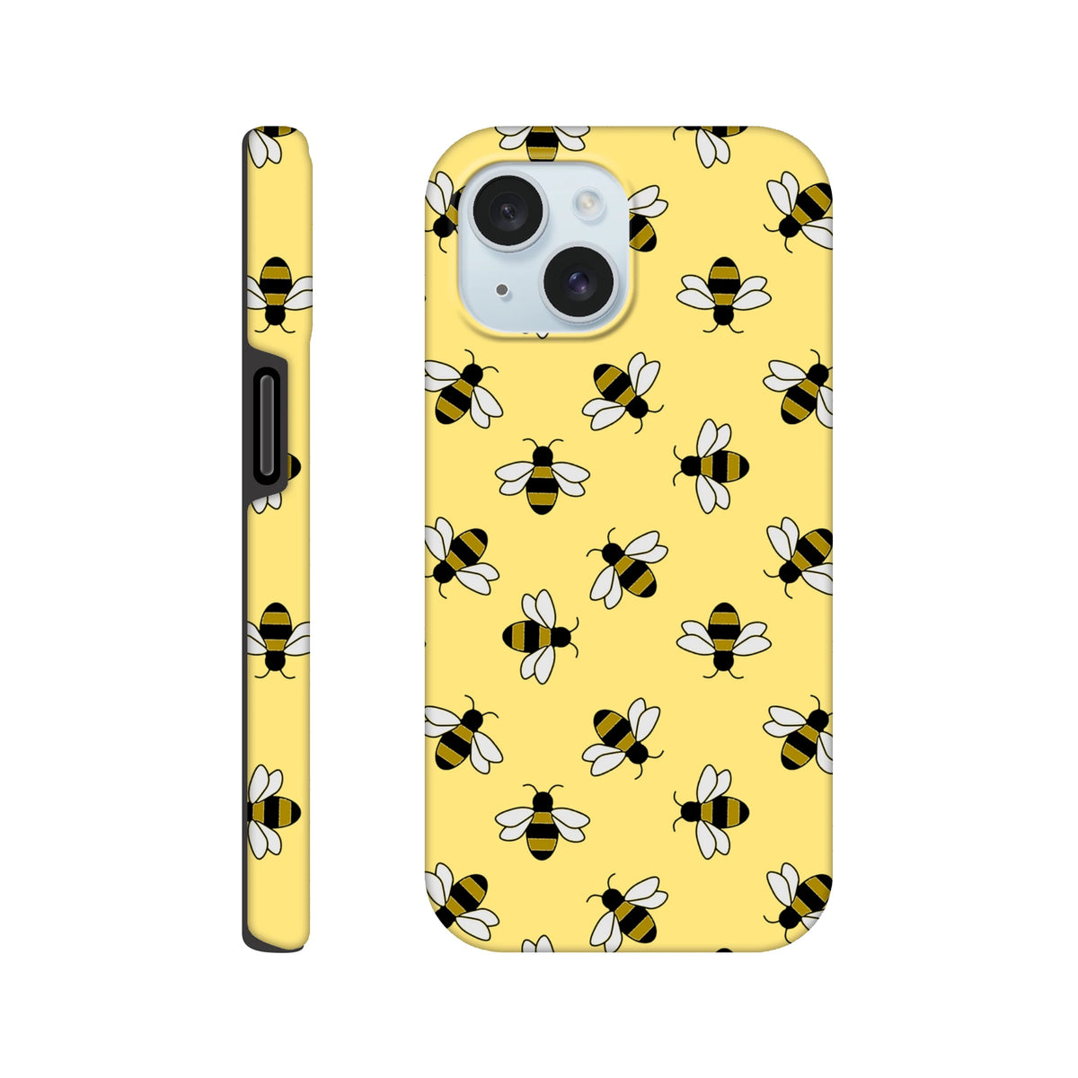 Yellow iPhone tough case featuring a cute repeating bumblebee pattern with white wings and black stripes on a bright yellow background.