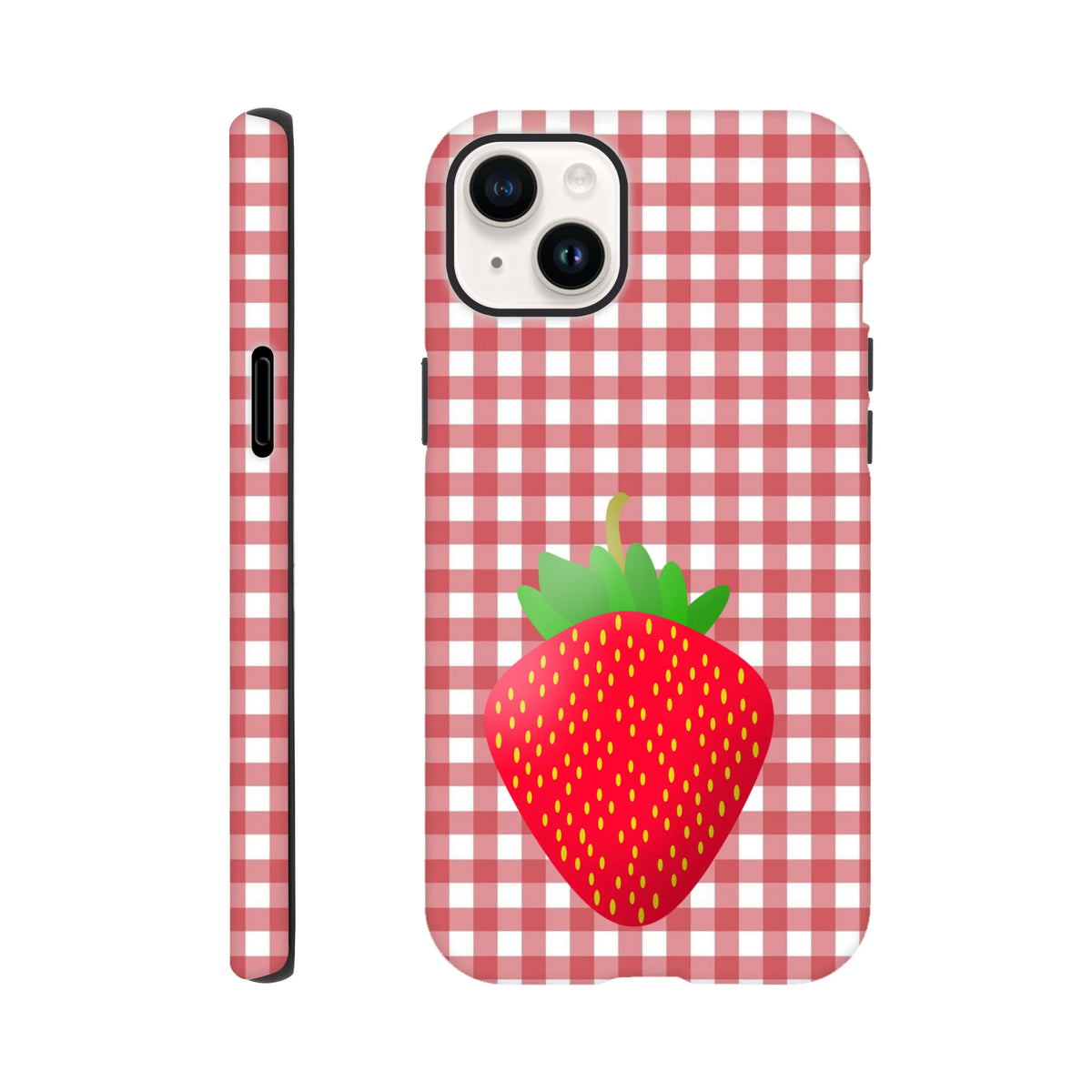 Red and white gingham iPhone case featuring a large cute strawberry graphic. Tough checkered phone cover for drop protection.