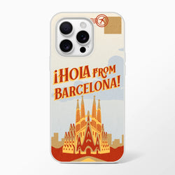 Vintage postcard-style iPhone case with Barcelona skyline and retro travel artwork on beige background.