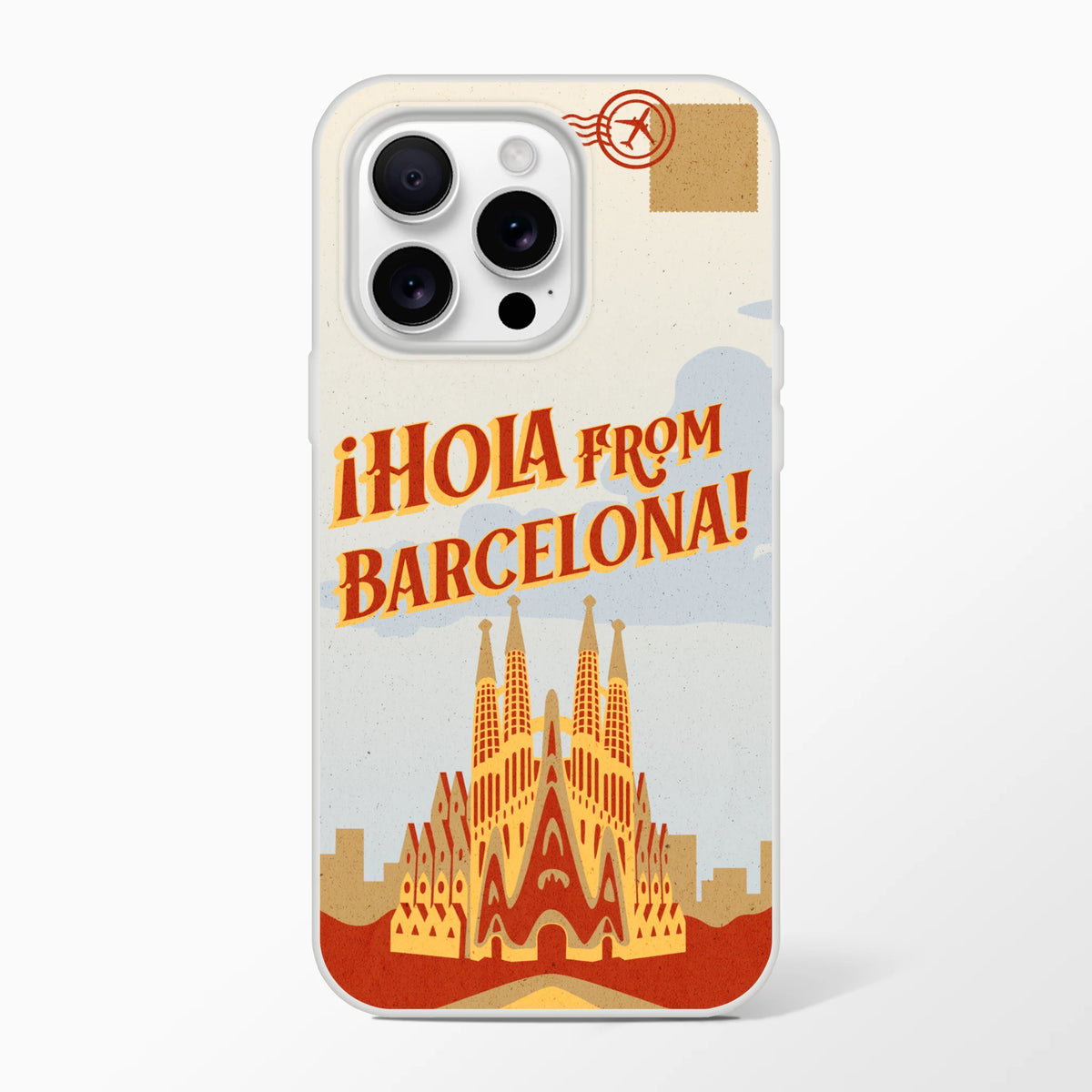 Vintage postcard-style iPhone case with Barcelona skyline and retro travel artwork on beige background.