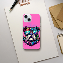 Pink Y2K Bulldog iPhone case (13-16) with retro dog artwork, matte finish, TPU protection