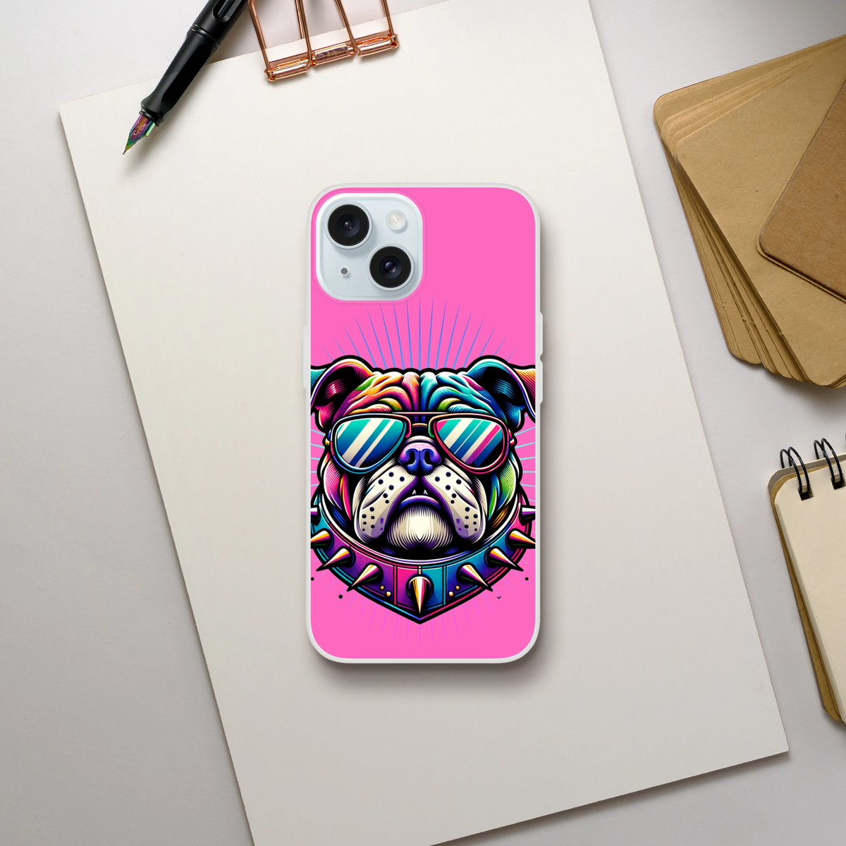 Pink Y2K Bulldog iPhone case (13-16) with retro dog artwork, matte finish, TPU protection
