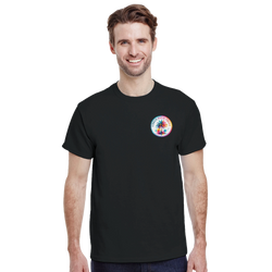 Man wearing black crew neck t-shirt with colorful Urban Palm Trees graphic on chest. Retro tropical streetwear tee.