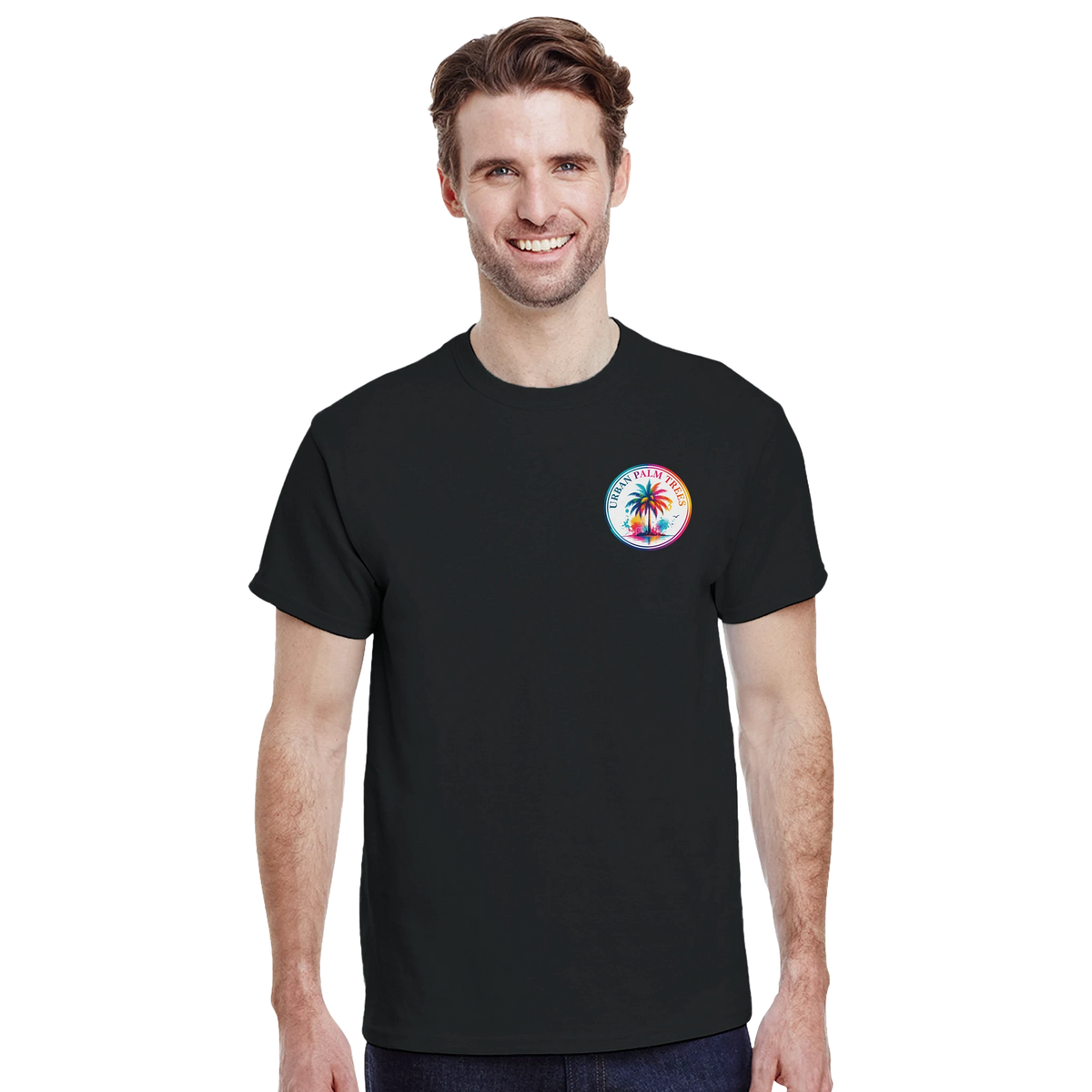 Man wearing black crew neck t-shirt with colorful Urban Palm Trees graphic on chest. Retro tropical streetwear tee.